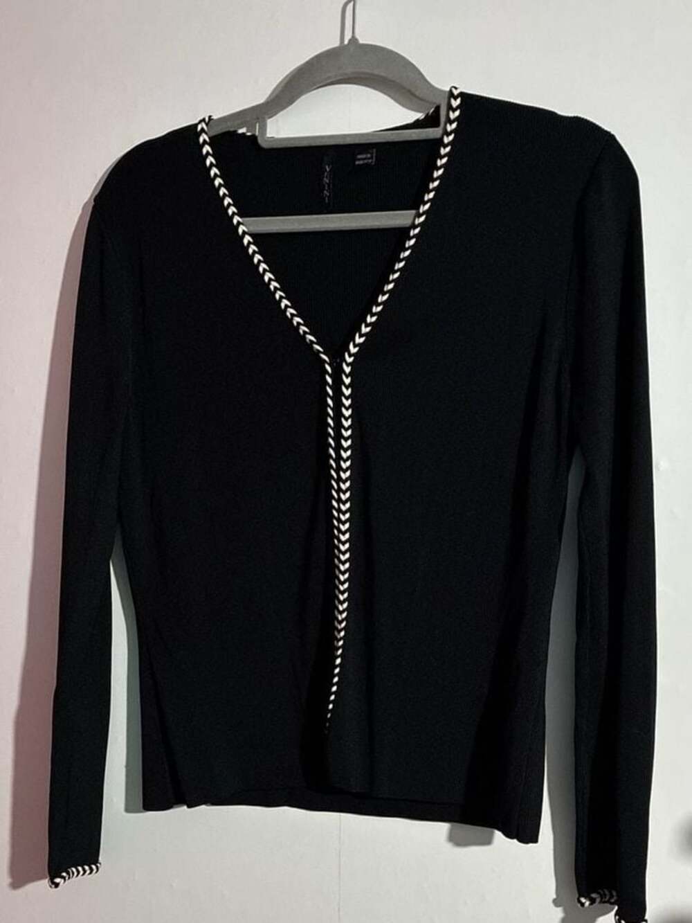Venini Vintage Ribbed Knit Open Front Cardigan with Chevron Trim